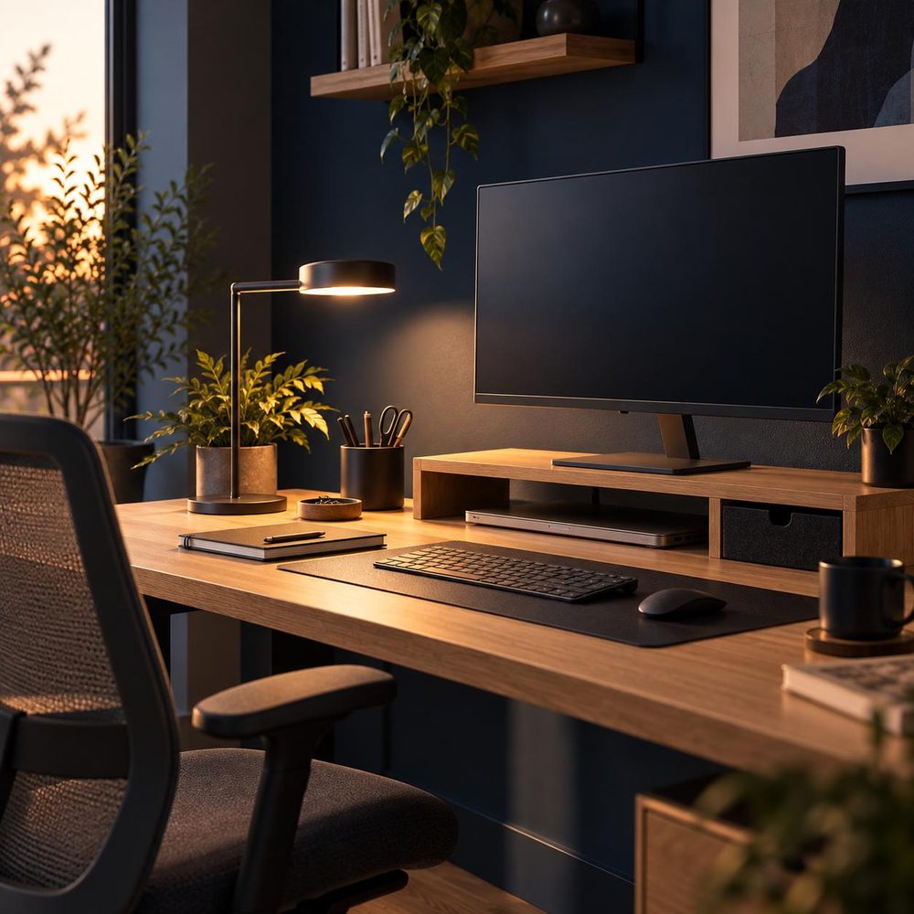 Rehausseur d’écran en bois avec moniteur, lampe de bureau articulée et clavier sur un bureau en bois