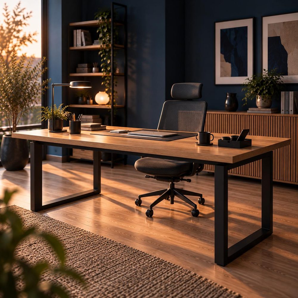 Grand bureau en bois à piètement métal noir avec fauteuil de bureau, lampe et rangement bas