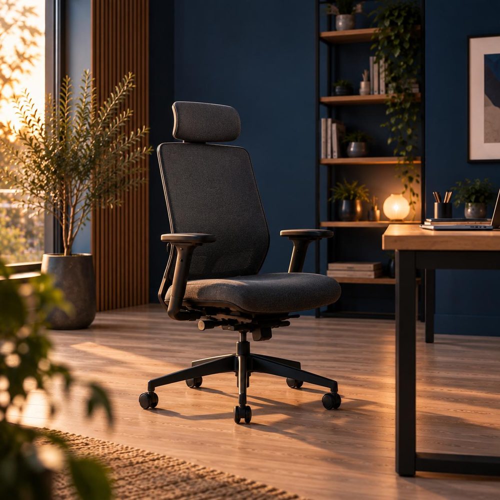 Chaise de bureau ergonomique noire avec appui-tête et accoudoirs réglables, dans un bureau bleu nuit