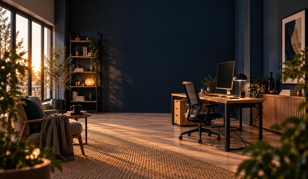 Bureau en bois clair avec chaise de bureau ergonomique noire, caisson et lampe, dans une pièce bleu nuit baignée de lumière du soir