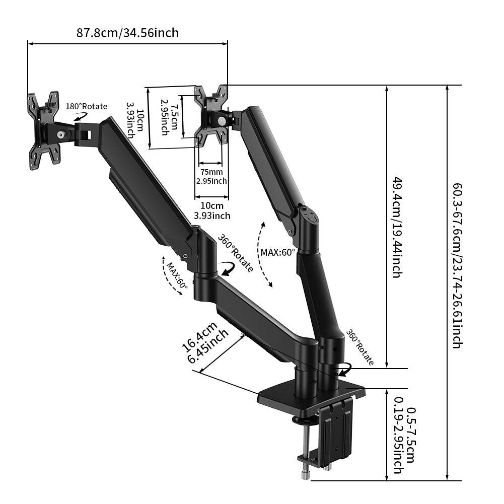 Dimensions du bras double écran : platine jusqu'à 49,4 cm au-dessus de la base, pince de 0,5 à 7,5 cm, VESA 75 et 100 mm