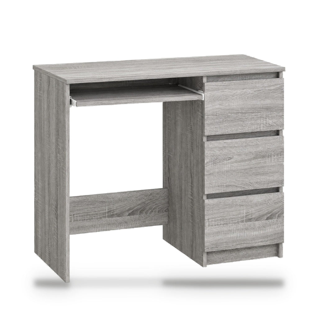 Bureau 90 x 45 cm chêne Sonoma gris avec 3 tiroirs, rangement intégré, profondeur réduite