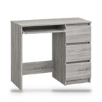 Bureau 90 x 45 cm chêne Sonoma gris avec 3 tiroirs, rangement intégré, profondeur réduite