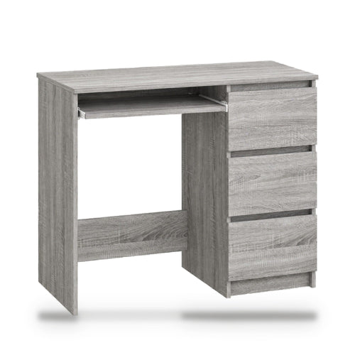 Bureau 90 x 45 cm chêne Sonoma gris avec 3 tiroirs, rangement intégré, profondeur réduite