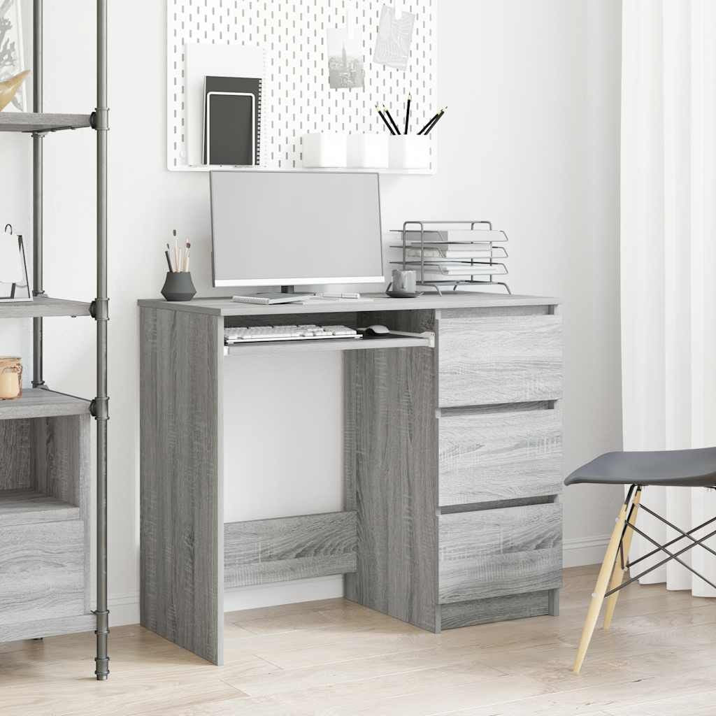 Bureau 90 x 45 cm chêne Sonoma gris avec 3 tiroirs, rangement intégré, profondeur réduite, vue 2