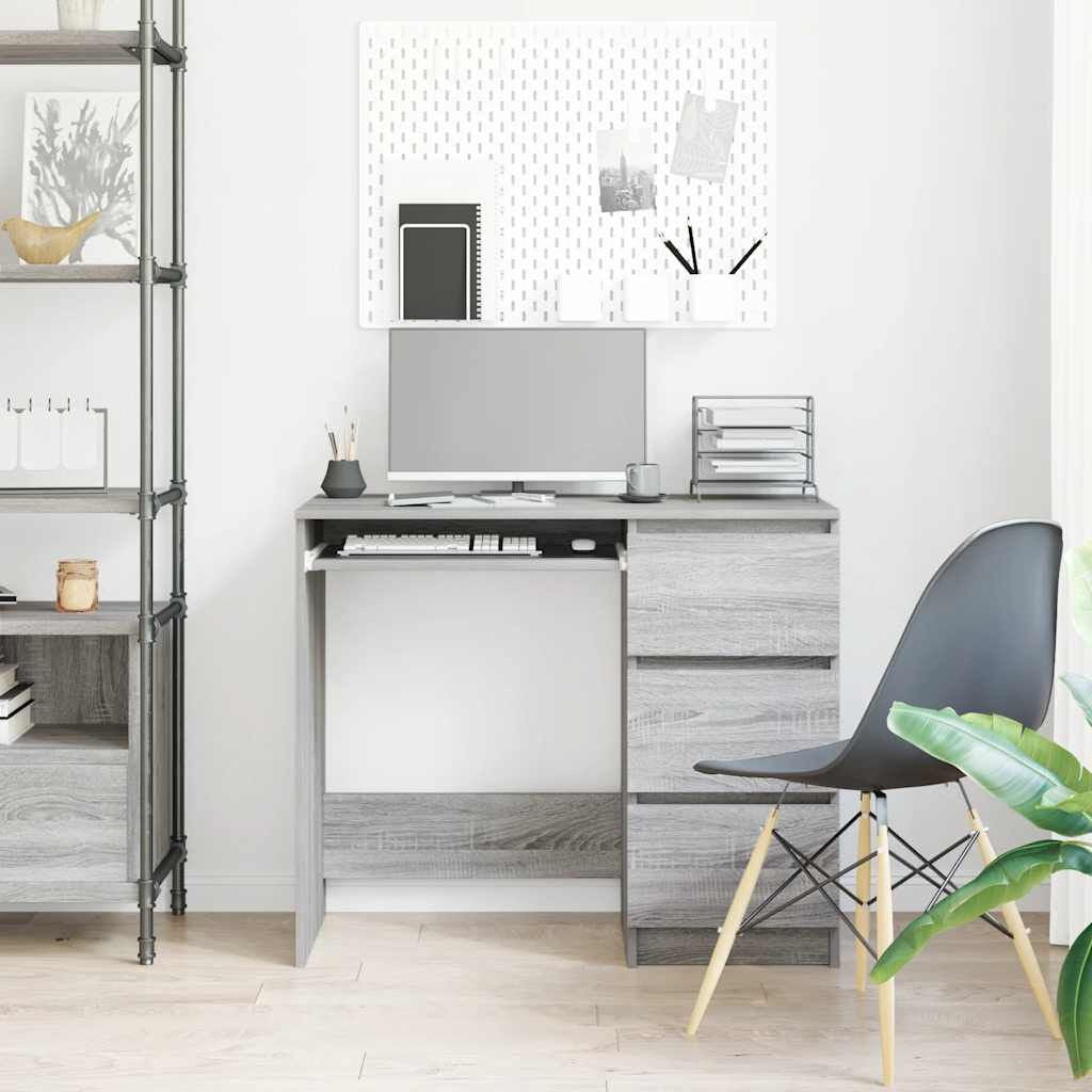 Bureau 90 x 45 cm chêne Sonoma gris avec 3 tiroirs, rangement intégré, profondeur réduite, vue 3