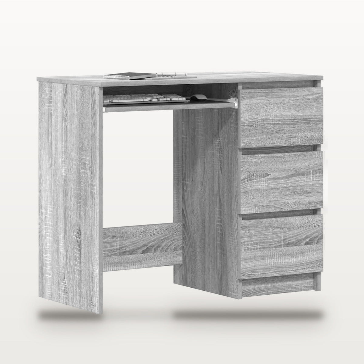 Bureau 90 x 45 cm chêne Sonoma gris avec 3 tiroirs, rangement intégré, profondeur réduite, vue 4