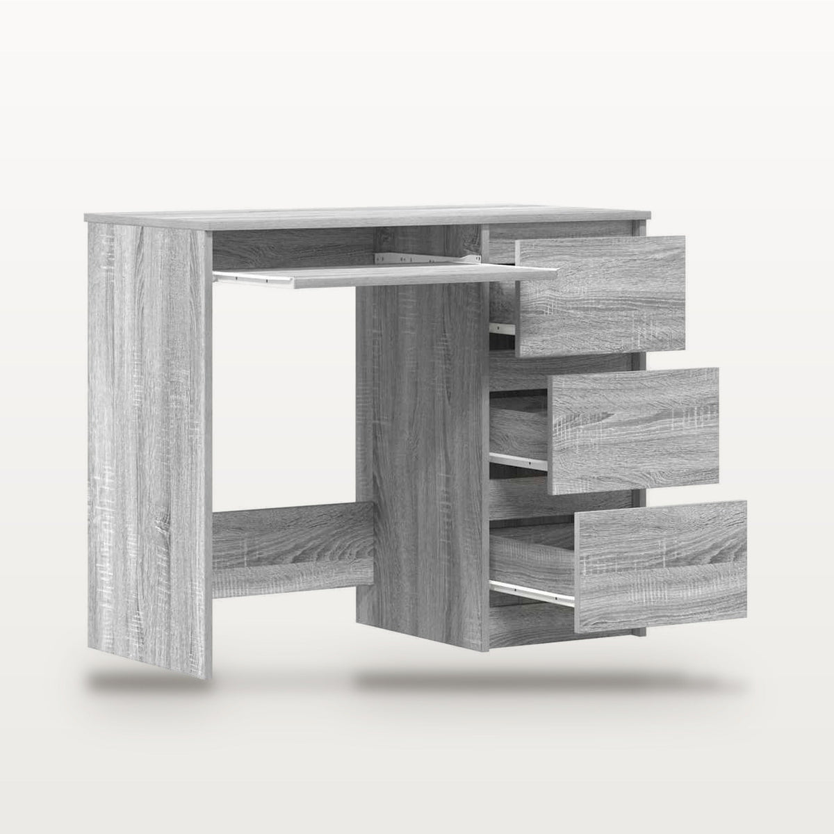 Bureau 90 x 45 cm chêne Sonoma gris avec 3 tiroirs, rangement intégré, profondeur réduite, vue 5