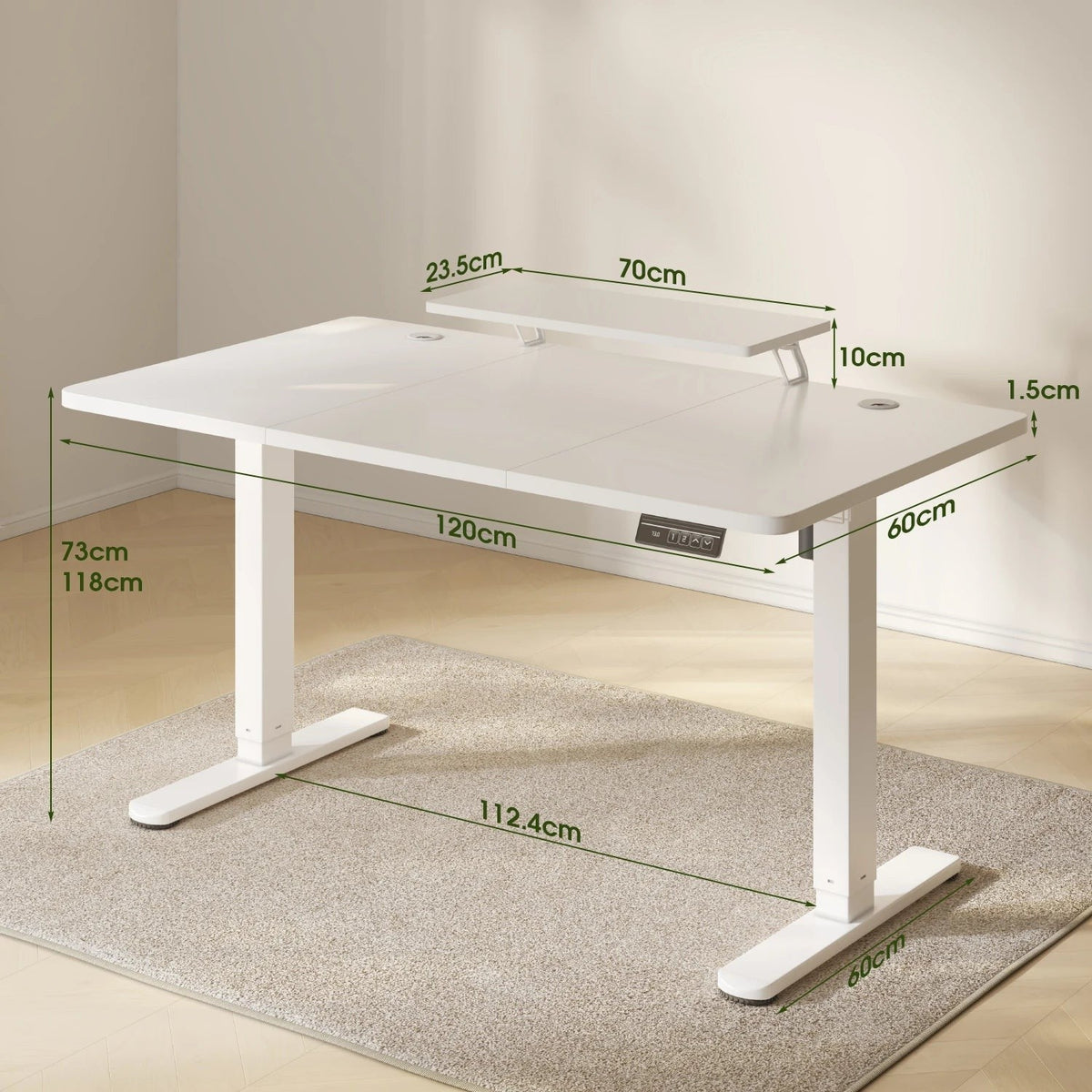 Bureau assis-debout électrique 120 x 60 cm, hauteur 73-118 cm, support moniteur intégré, vue 3