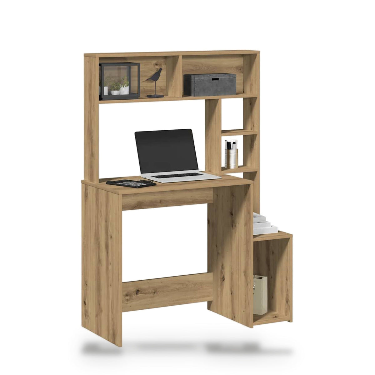 Bureau avec étagères chêne artisanal, plateau 76 x 45 cm réglable de 71 à 82 cm
