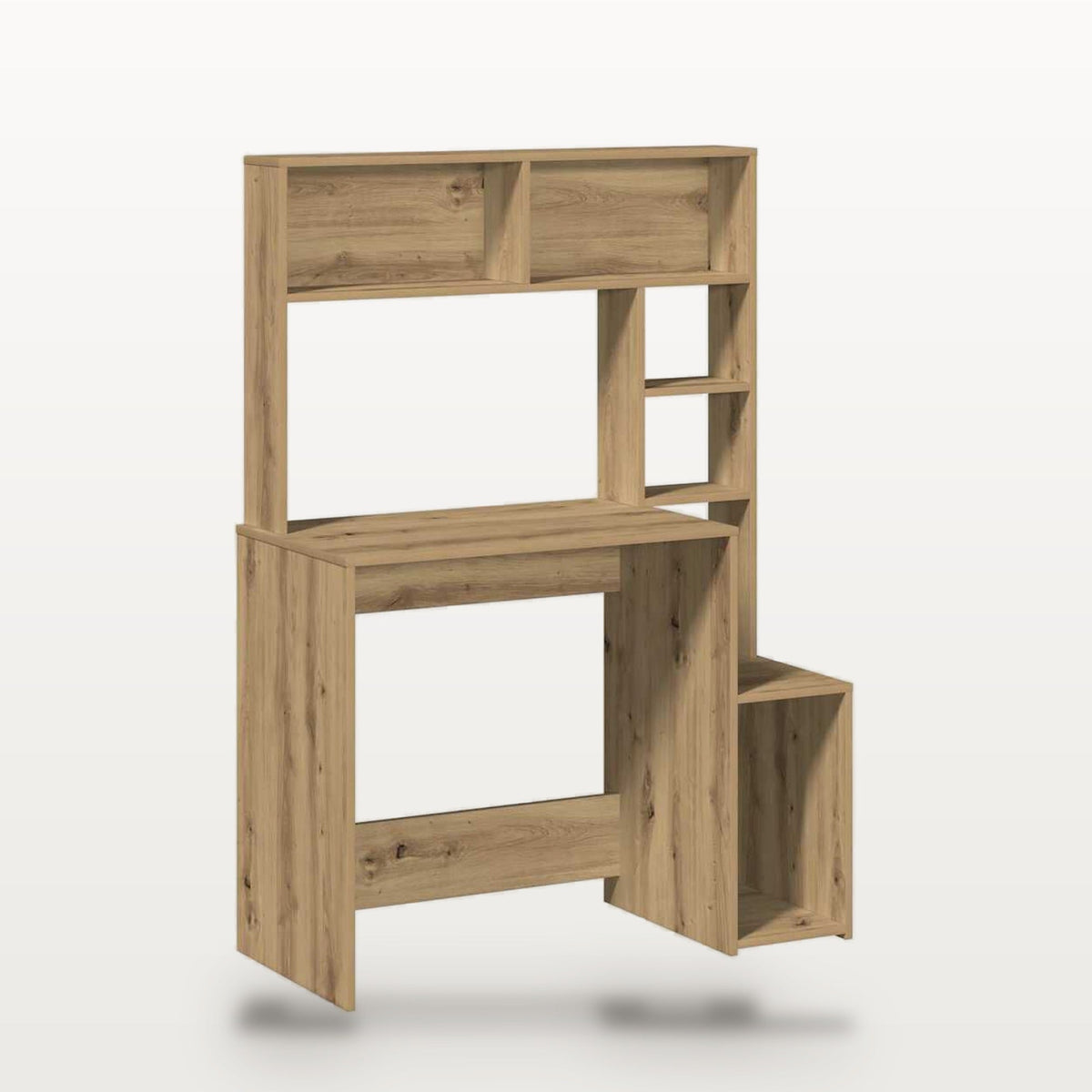 Bureau avec étagères chêne artisanal, plateau 76 x 45 cm réglable de 71 à 82 cm, vue 2