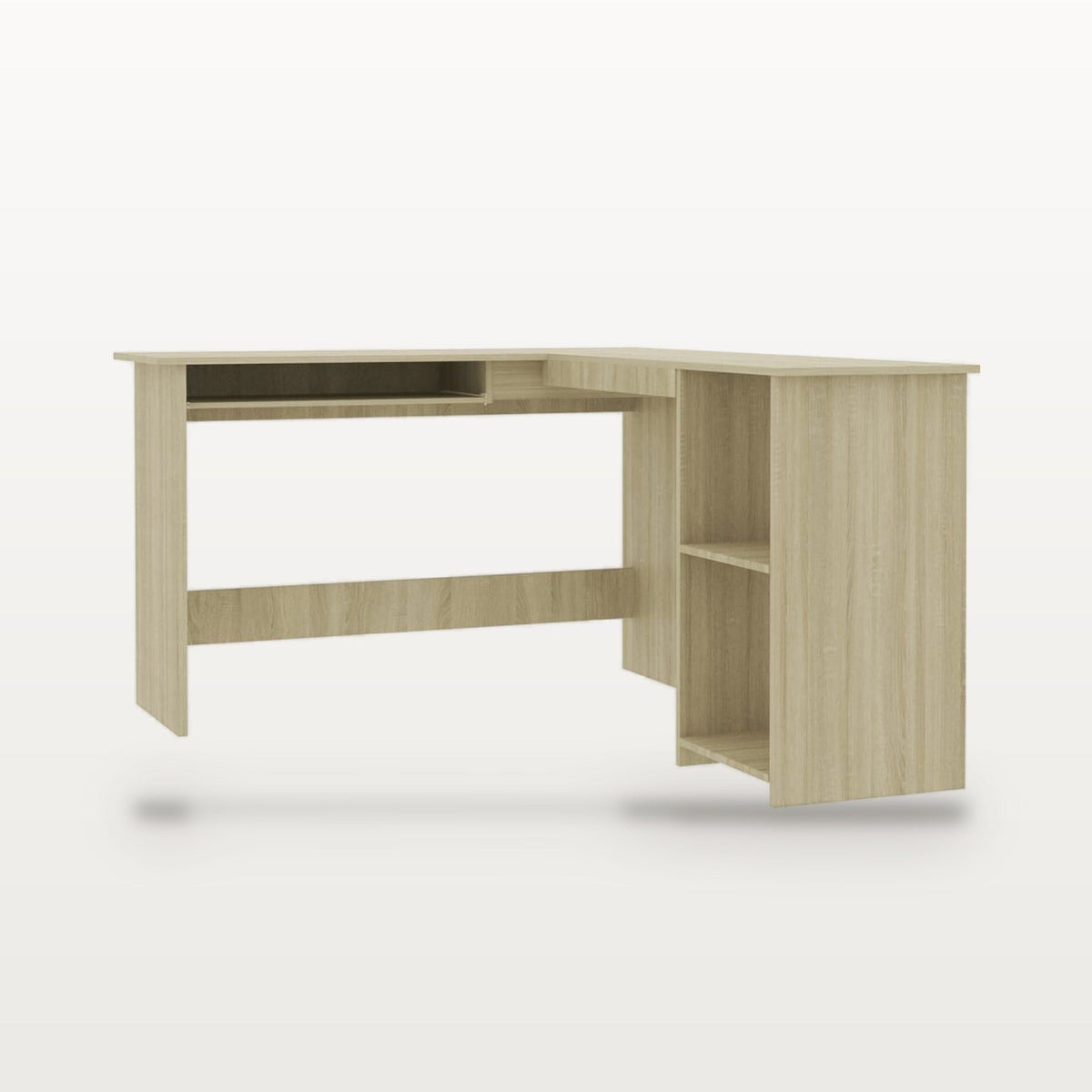 Bureau d'angle en L 120 x 140 cm, chêne Sonoma, plateau clavier et 2 étagères, vue 2