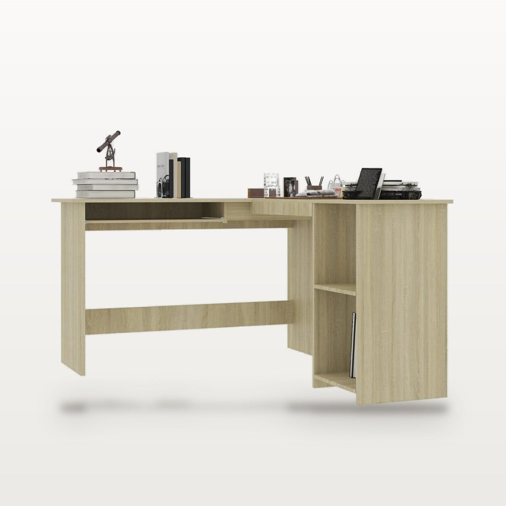Bureau d'angle en L 120 x 140 cm, chêne Sonoma, plateau clavier et 2 étagères, vue 3
