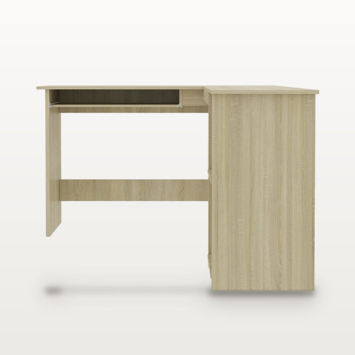 Bureau d'angle en L 120 x 140 cm, chêne Sonoma, plateau clavier et 2 étagères, vue 4