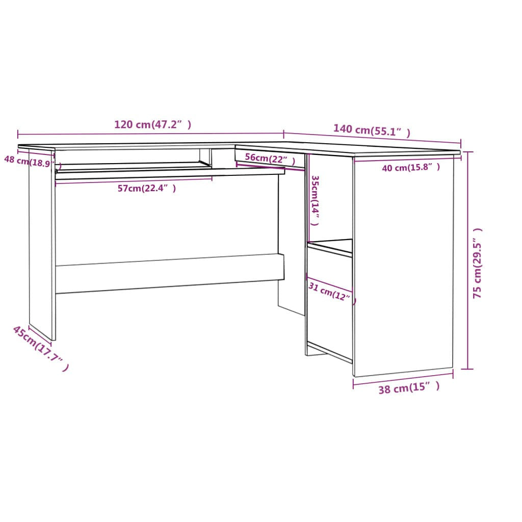 Bureau d'angle en L 120 x 140 cm, chêne Sonoma, plateau clavier et 2 étagères, vue 6
