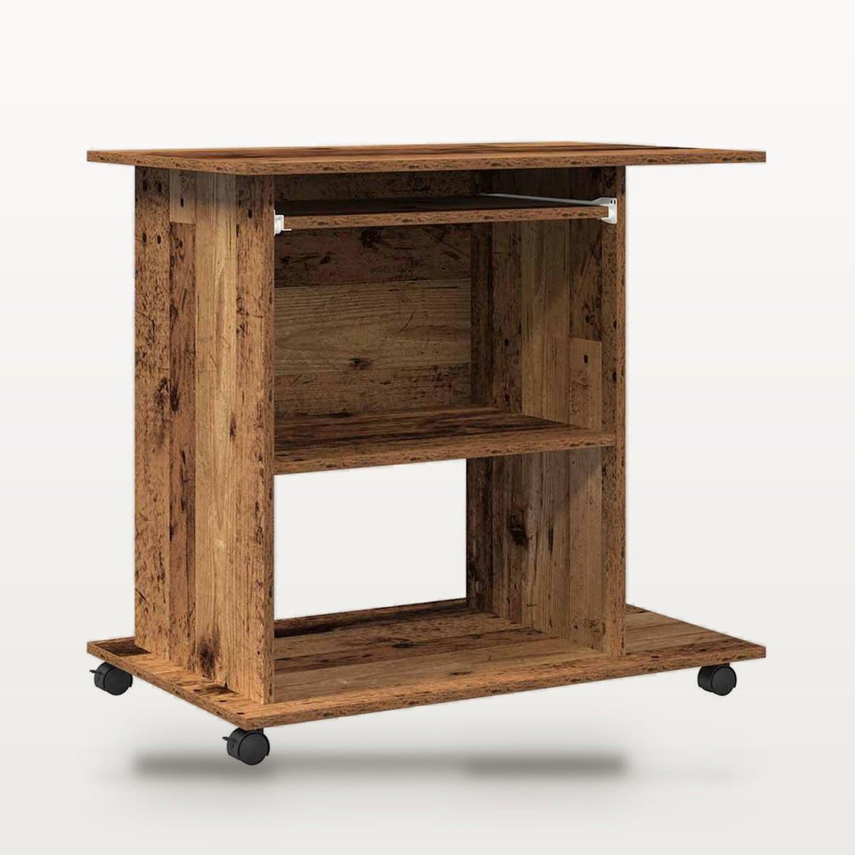 Bureau d'ordinateur 80 x 50 cm vieux bois, plateau clavier coulissant et roulettes, vue 2