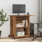 Bureau d'ordinateur 80 x 50 cm vieux bois, plateau clavier coulissant et roulettes, vue 3