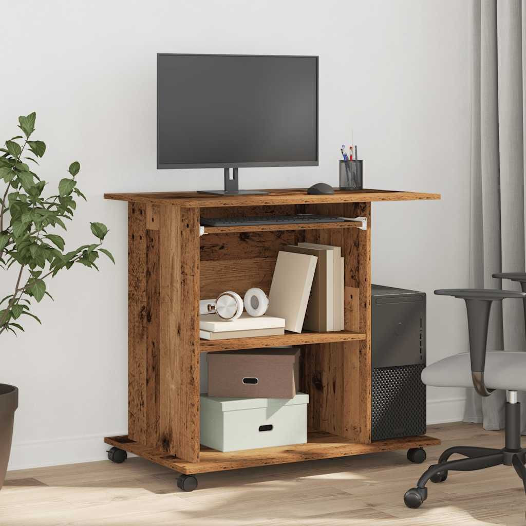 Bureau d'ordinateur 80 x 50 cm vieux bois, plateau clavier coulissant et roulettes, vue 3