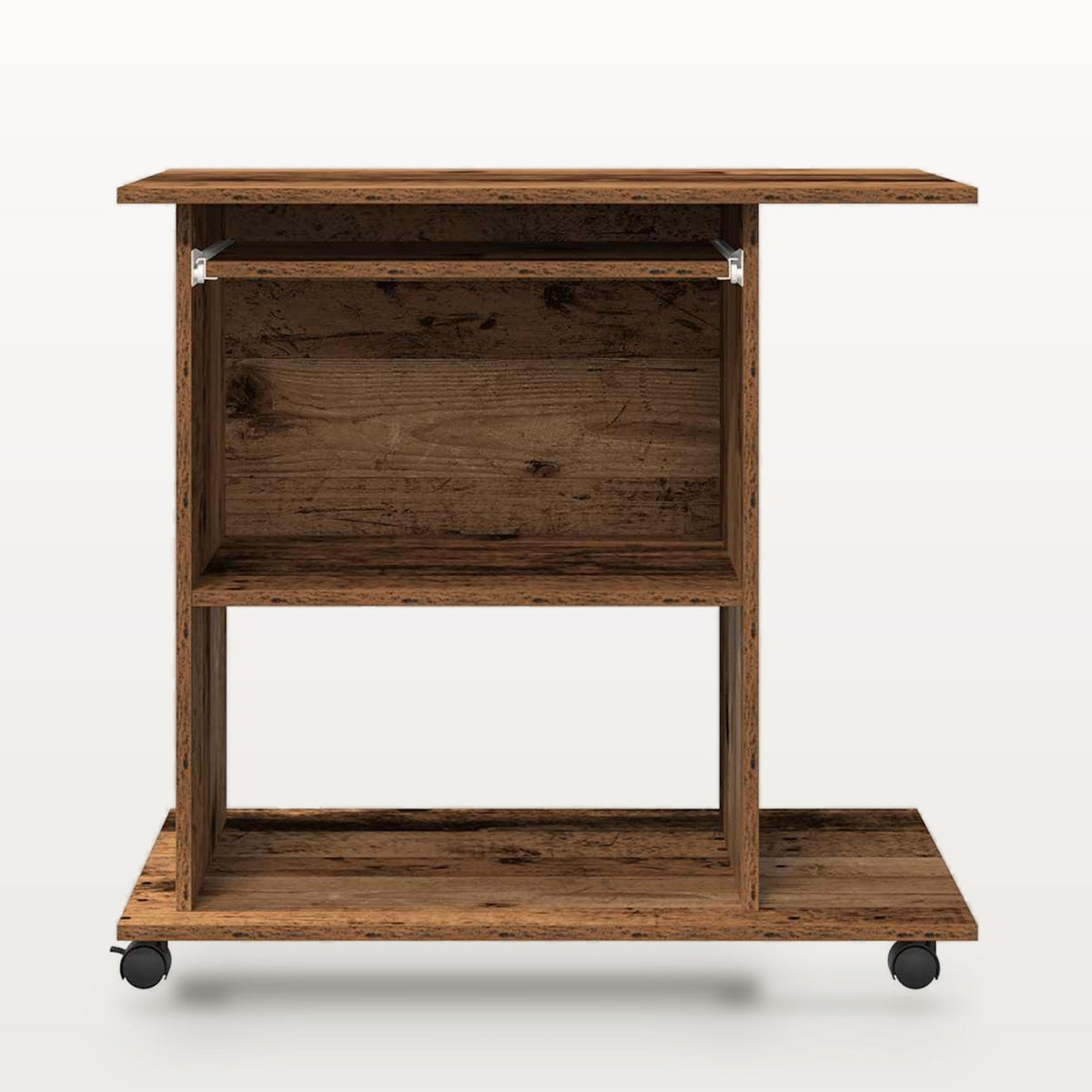 Bureau d'ordinateur 80 x 50 cm vieux bois, plateau clavier coulissant et roulettes, vue 4