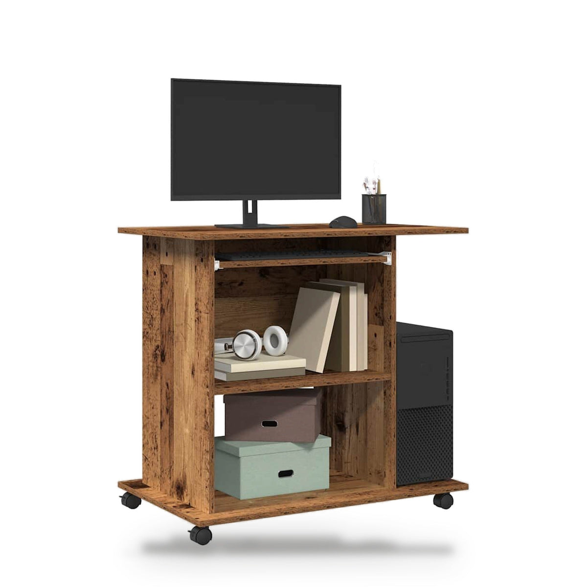 Bureau d'ordinateur 80 x 50 cm vieux bois, plateau clavier coulissant et roulettes