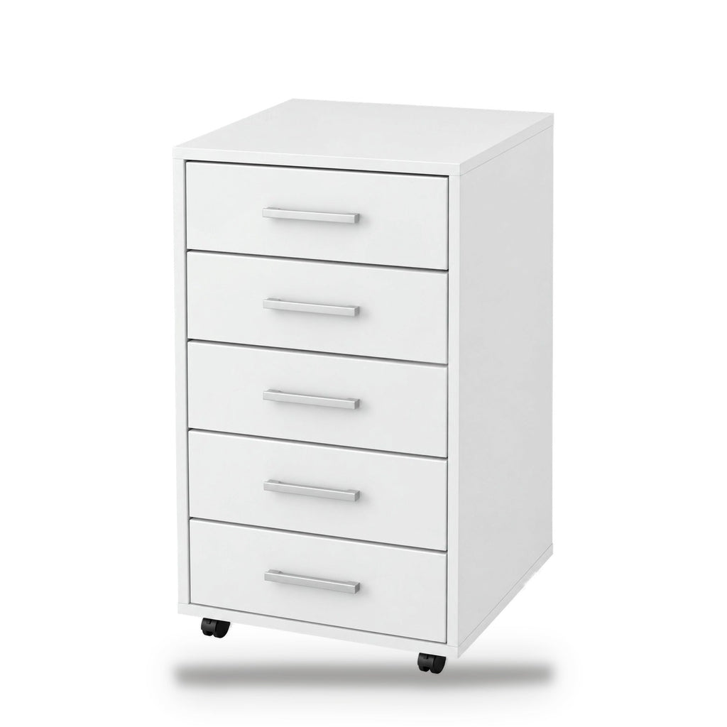 Caisson de bureau 5 tiroirs à roulettes blanc, 33 x 38 x 63 cm, 2 roulettes à frein