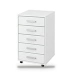 Caisson de bureau 5 tiroirs à roulettes blanc, 33 x 38 x 63 cm, 2 roulettes à frein