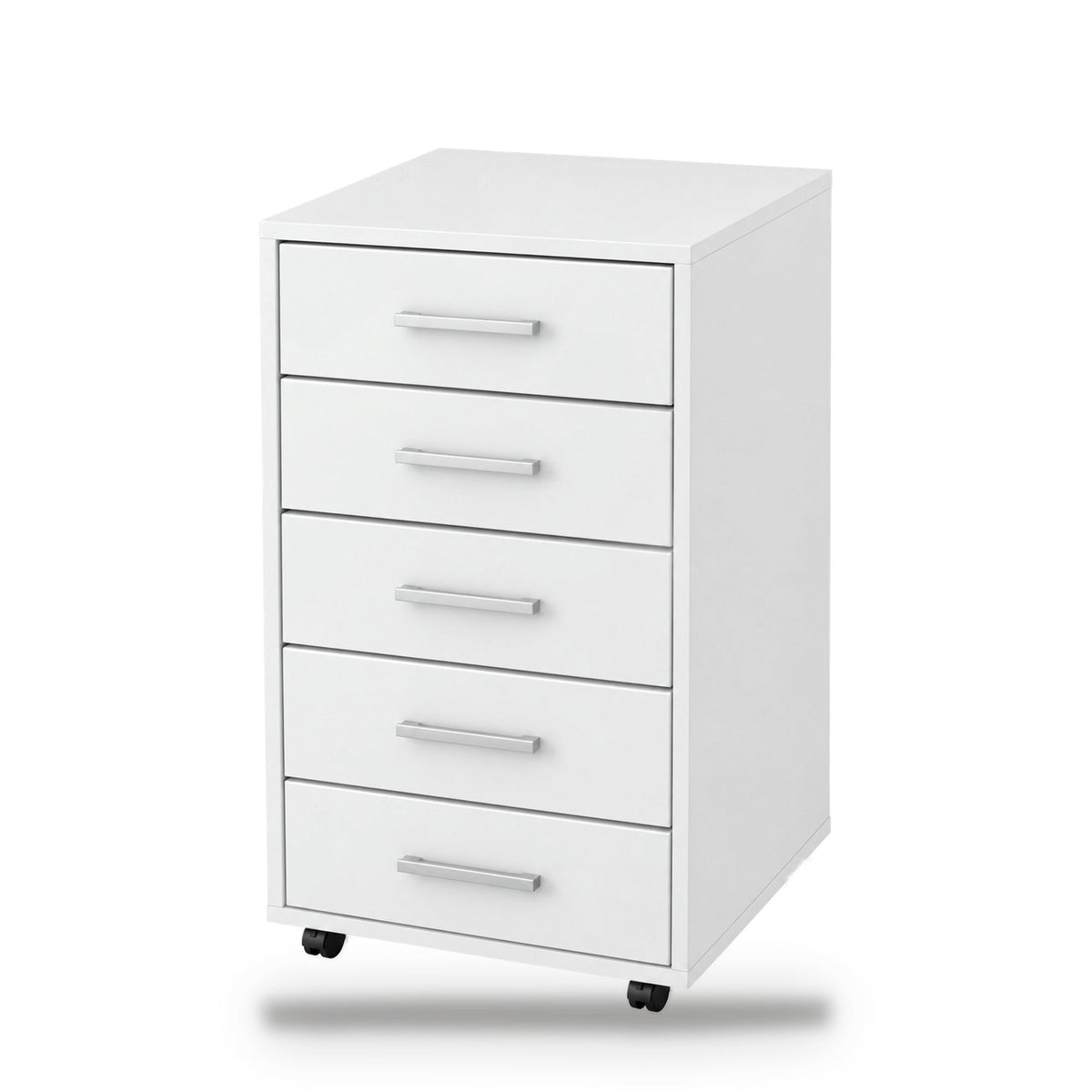 Caisson de bureau 5 tiroirs à roulettes blanc, 33 x 38 x 63 cm, 2 roulettes à frein