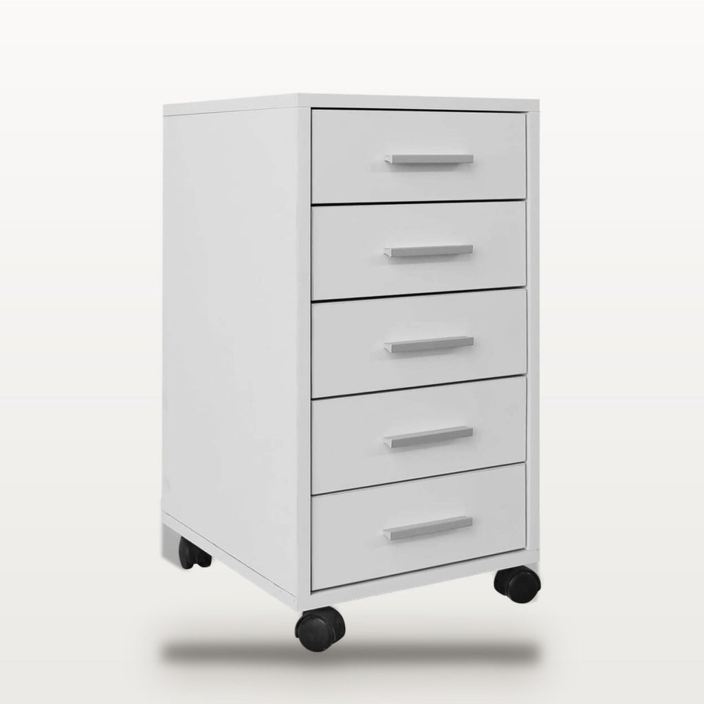 Caisson de bureau 5 tiroirs à roulettes blanc, 33 x 38 x 63 cm, 2 roulettes à frein, vue 2