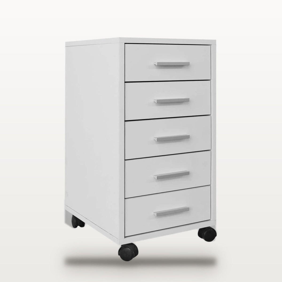 Caisson de bureau 5 tiroirs à roulettes blanc, 33 x 38 x 63 cm, 2 roulettes à frein, vue 2