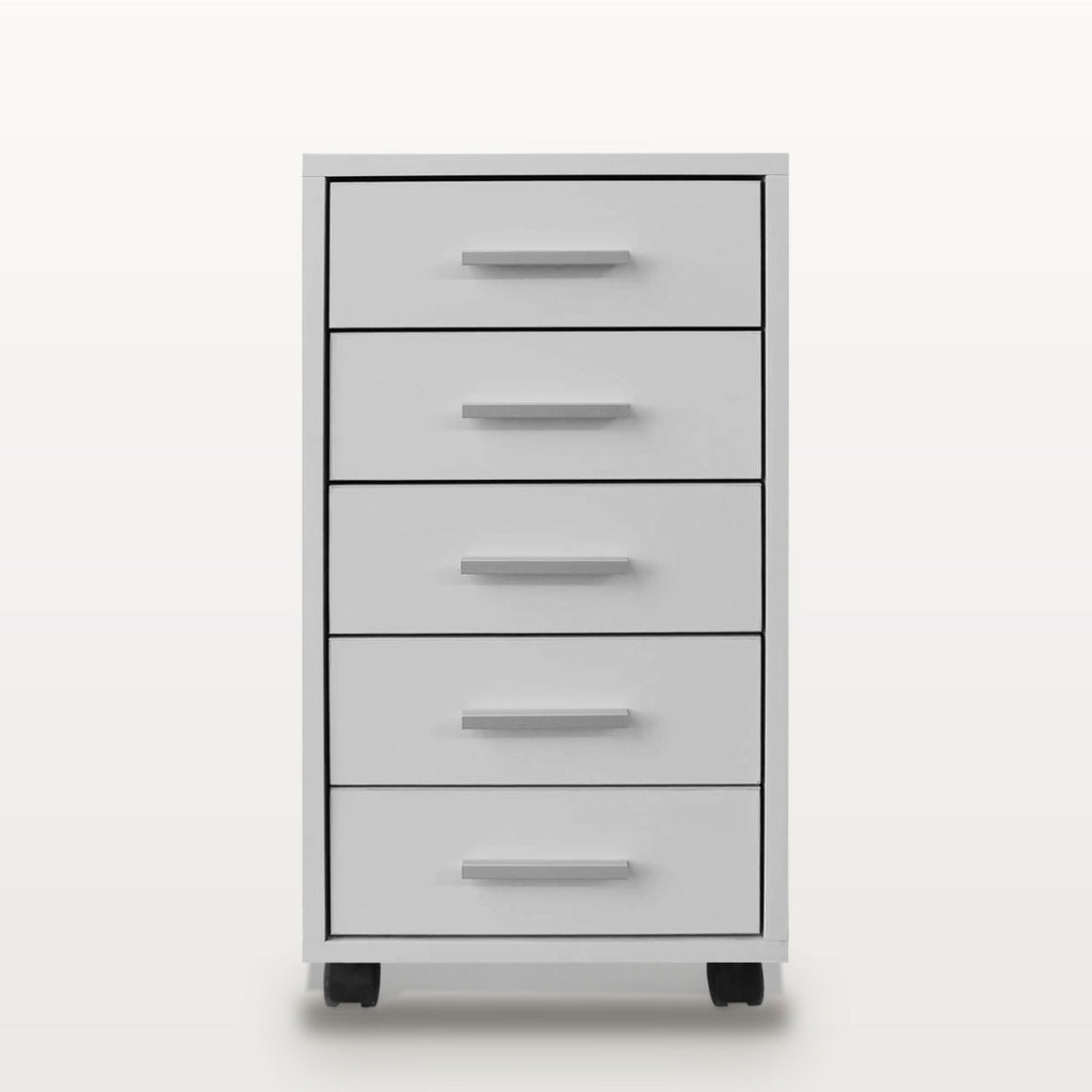 Caisson de bureau 5 tiroirs à roulettes blanc, 33 x 38 x 63 cm, 2 roulettes à frein, vue 3