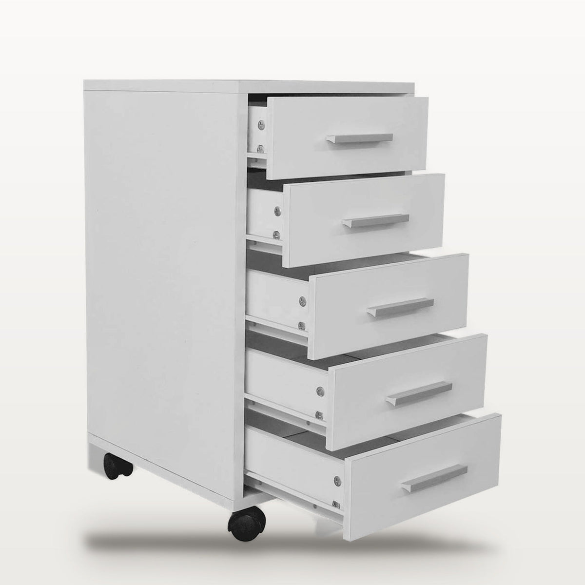 Caisson de bureau 5 tiroirs à roulettes blanc, 33 x 38 x 63 cm, 2 roulettes à frein, vue 5