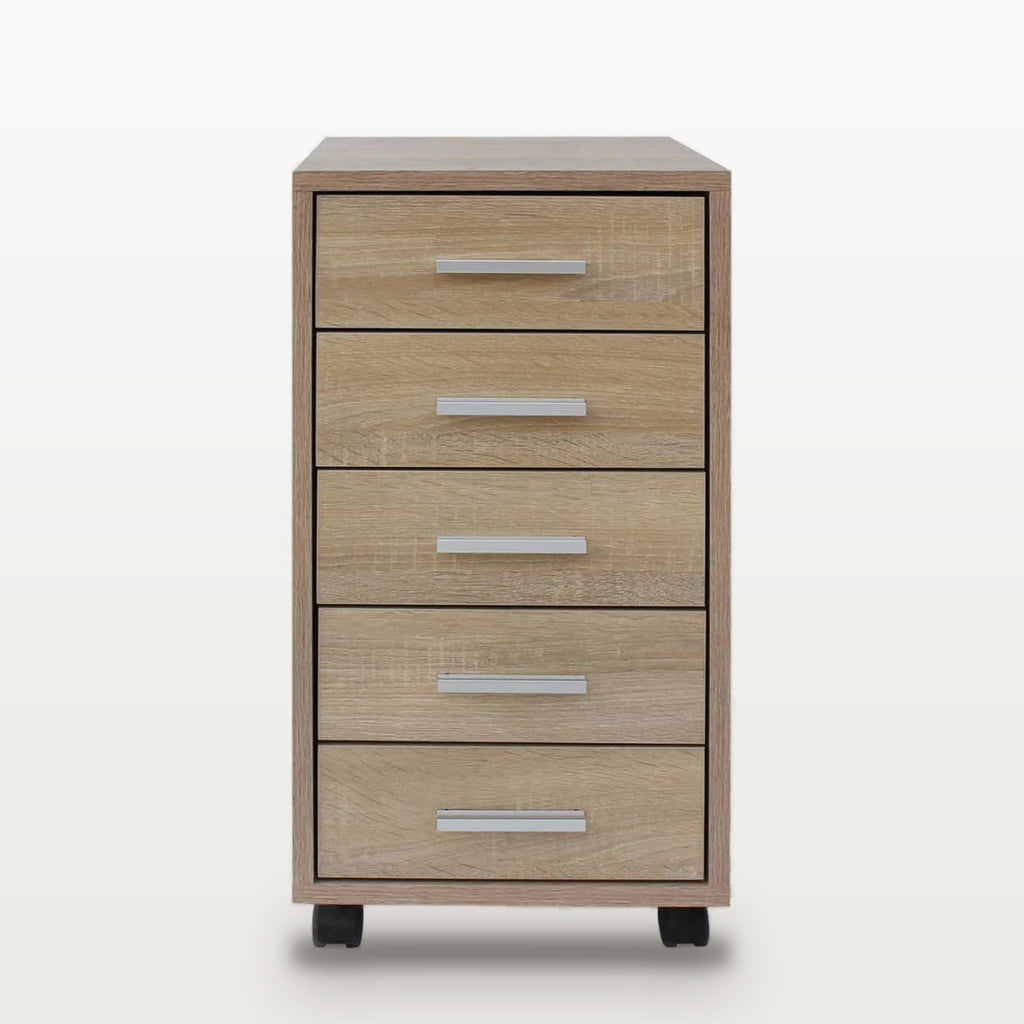 Caisson de bureau 5 tiroirs à roulettes chêne, 33 x 38 x 63 cm, poignées aluminium, vue 3
