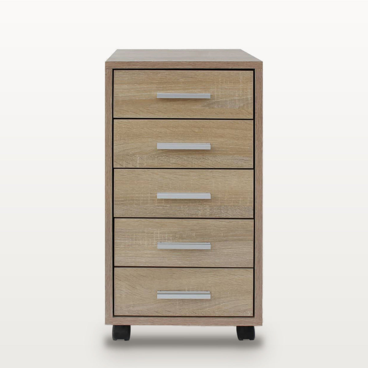 Caisson de bureau 5 tiroirs à roulettes chêne, 33 x 38 x 63 cm, poignées aluminium, vue 3