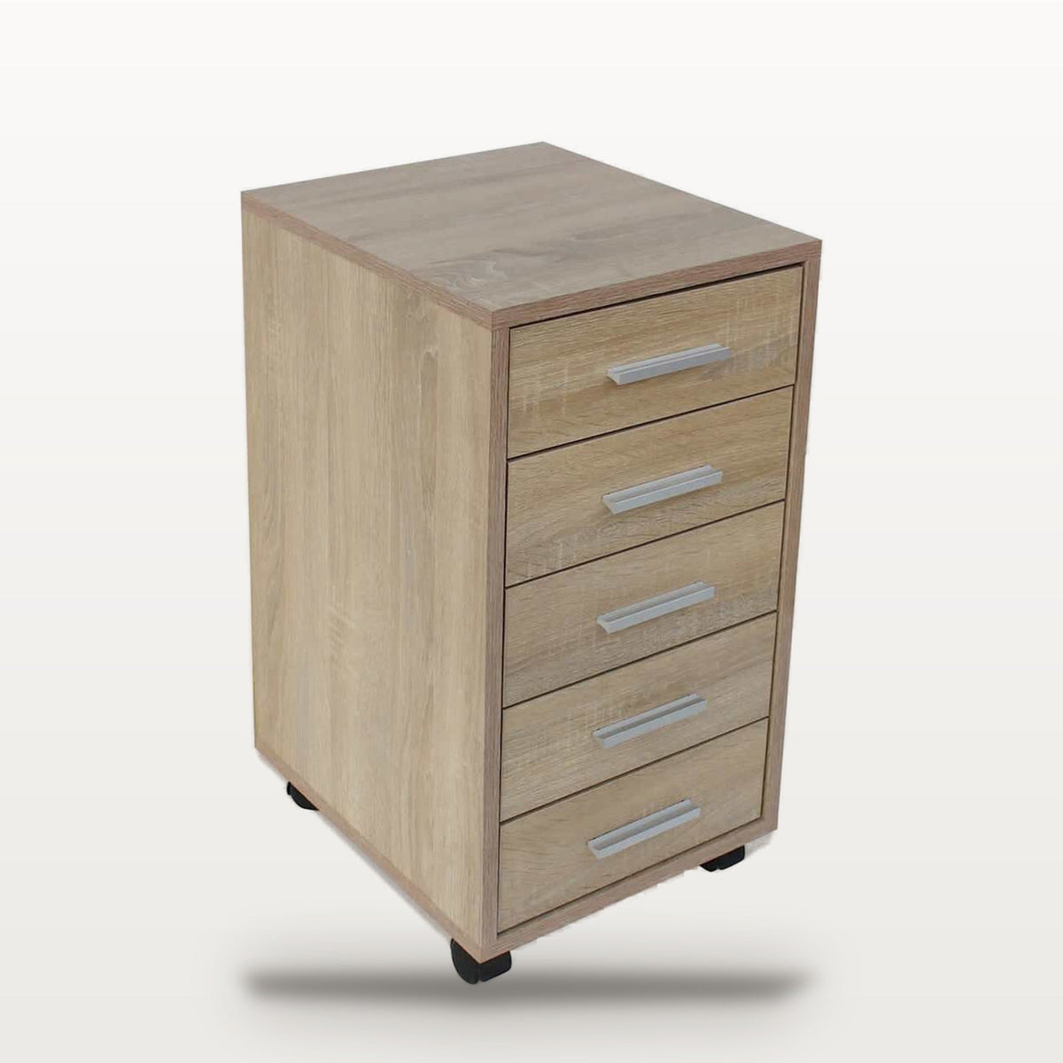 Caisson de bureau 5 tiroirs à roulettes chêne, 33 x 38 x 63 cm, poignées aluminium, vue 4