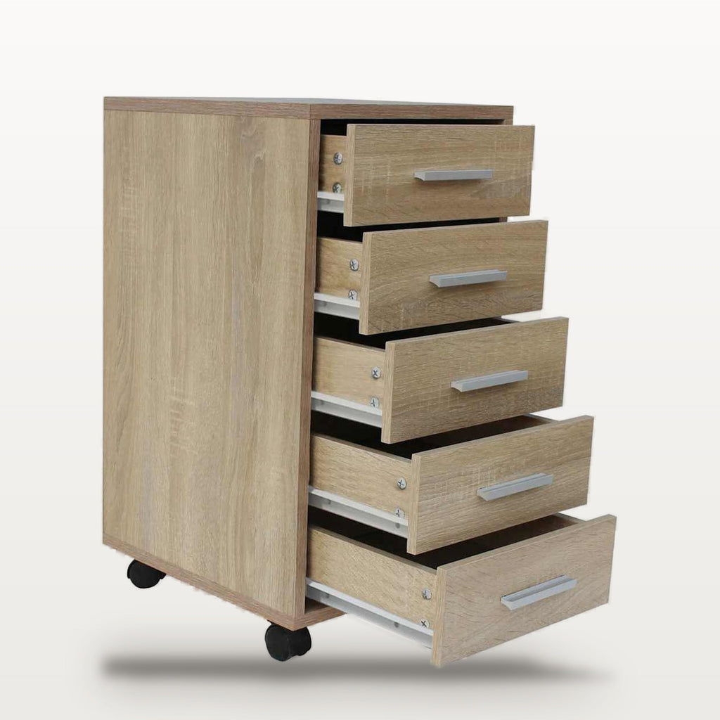 Caisson de bureau 5 tiroirs à roulettes chêne, 33 x 38 x 63 cm, poignées aluminium, vue 5