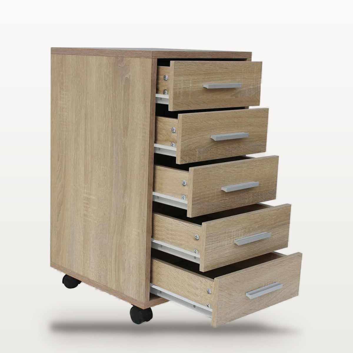 Caisson de bureau 5 tiroirs à roulettes chêne, 33 x 38 x 63 cm, poignées aluminium, vue 5