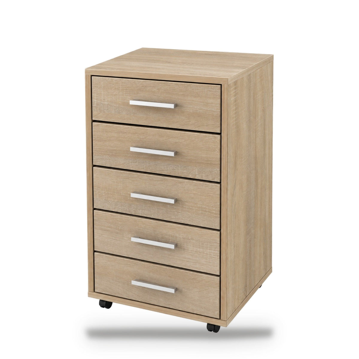 Caisson de bureau 5 tiroirs à roulettes chêne, 33 x 38 x 63 cm, poignées aluminium