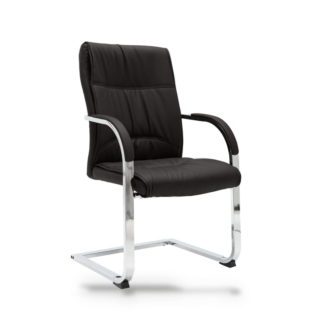 Chaise de bureau sans roulettes, similicuir noir, structure chromée, assise 50 x 48 cm, 110 kg