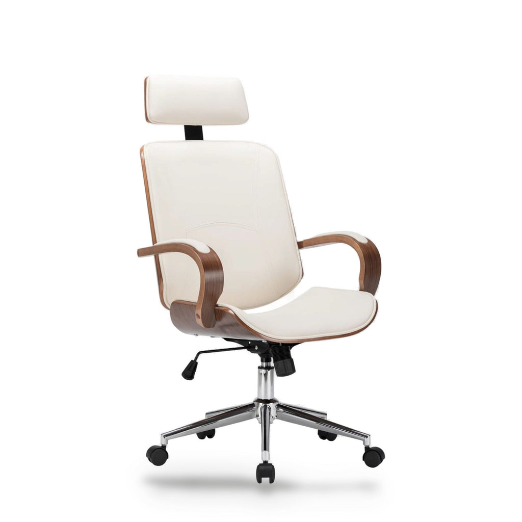 Fauteuil de bureau similicuir crème et bois courbé, appuie-tête, assise réglable 42-50 cm