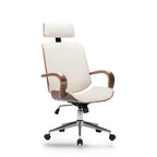 Fauteuil de bureau similicuir crème et bois courbé, appuie-tête, assise réglable 42-50 cm