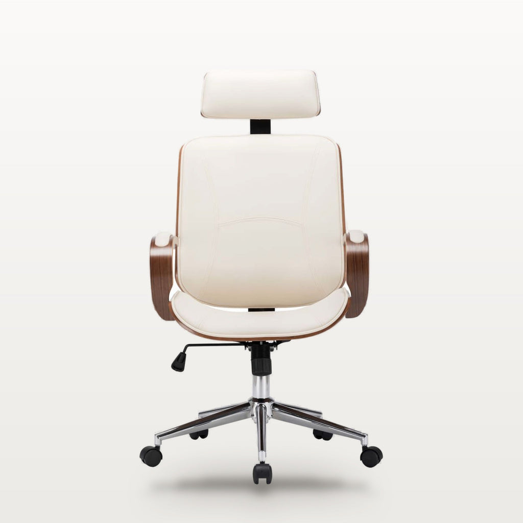 Fauteuil de bureau similicuir crème et bois courbé, appuie-tête, assise réglable 42-50 cm, vue 2