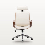 Fauteuil de bureau similicuir crème et bois courbé, appuie-tête, assise réglable 42-50 cm, vue 2