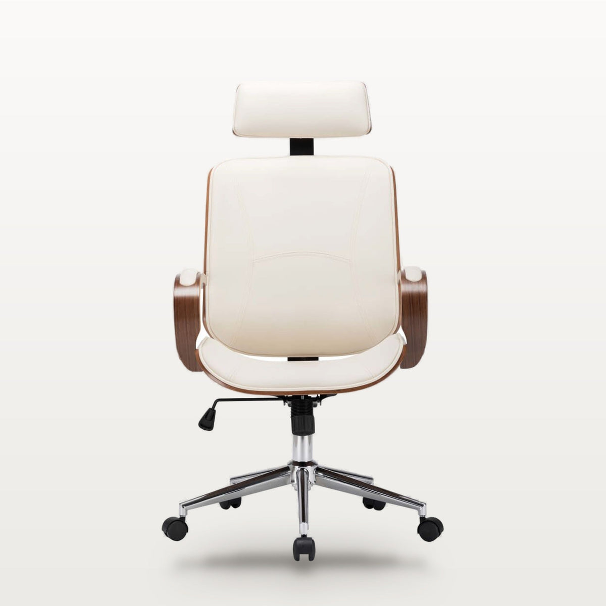 Fauteuil de bureau similicuir crème et bois courbé, appuie-tête, assise réglable 42-50 cm, vue 2