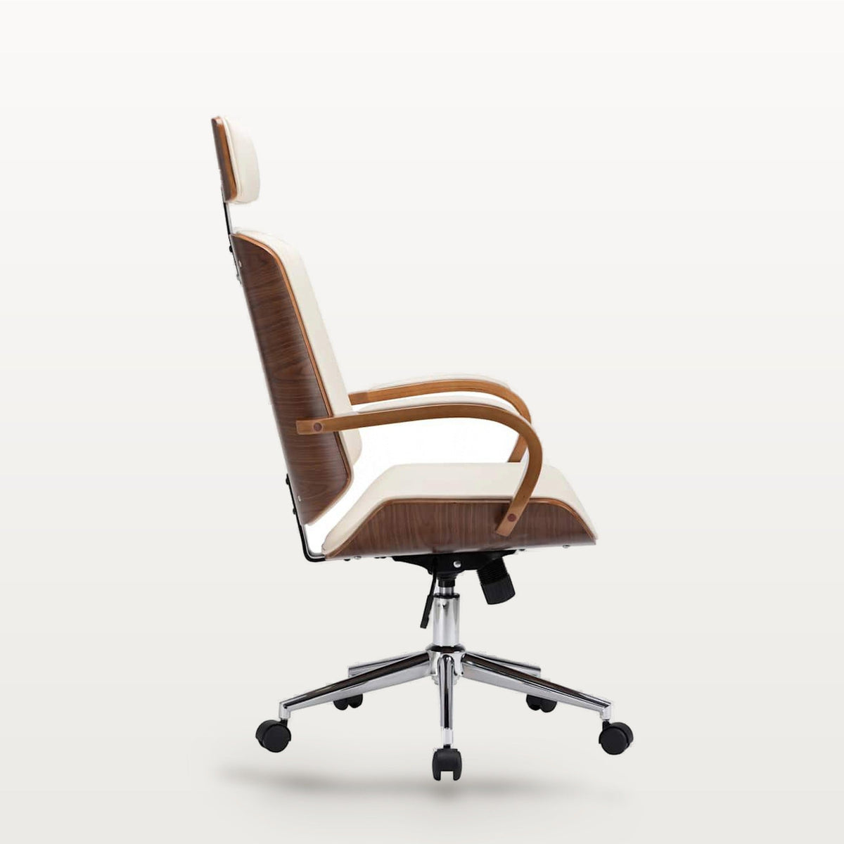Fauteuil de bureau similicuir crème et bois courbé, appuie-tête, assise réglable 42-50 cm, vue 3