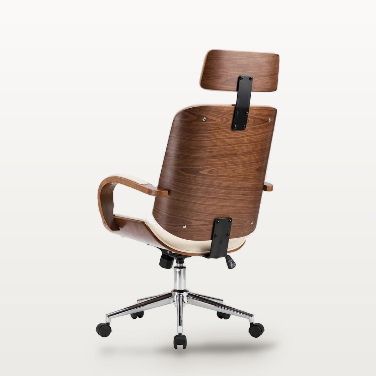 Fauteuil de bureau similicuir crème et bois courbé, appuie-tête, assise réglable 42-50 cm, vue 5