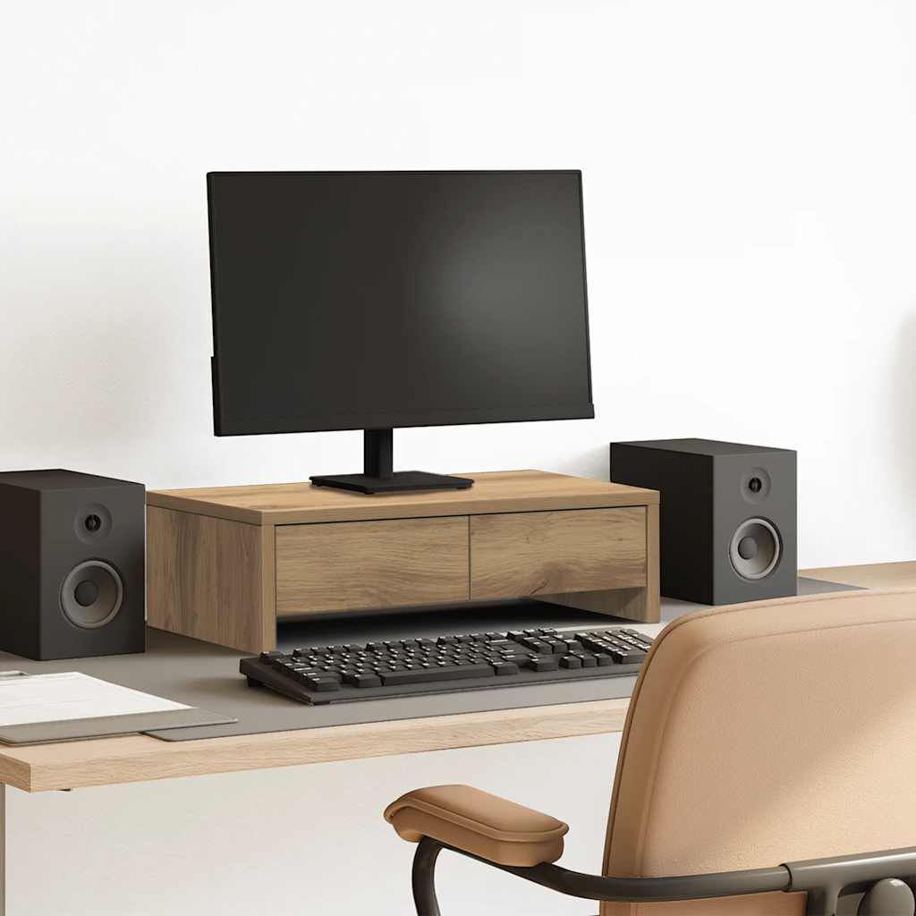 Support de moniteur avec 2 tiroirs chêne artisanal, 50 x 27 cm, hauteur 15 cm, 25 kg